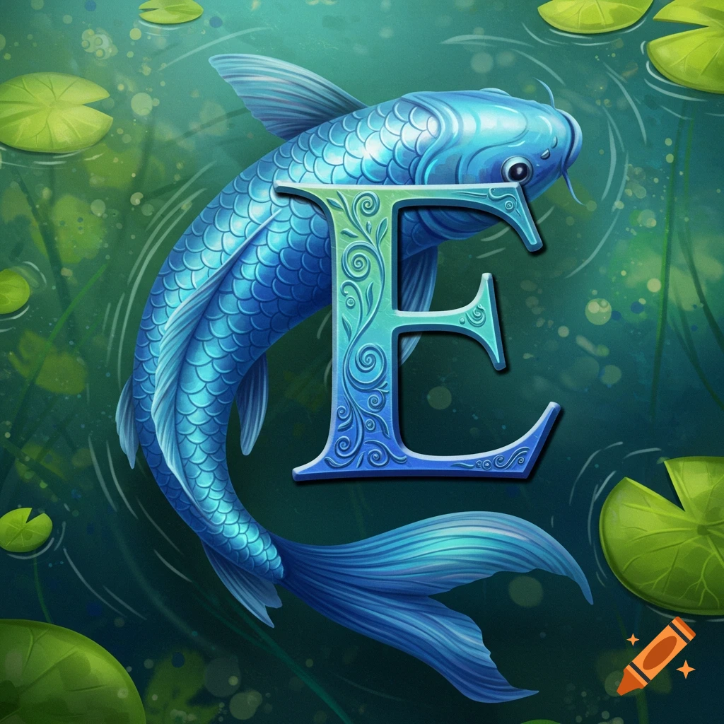 A blue fish swims around a decorative letter E in green and blue in water with lily pads.
