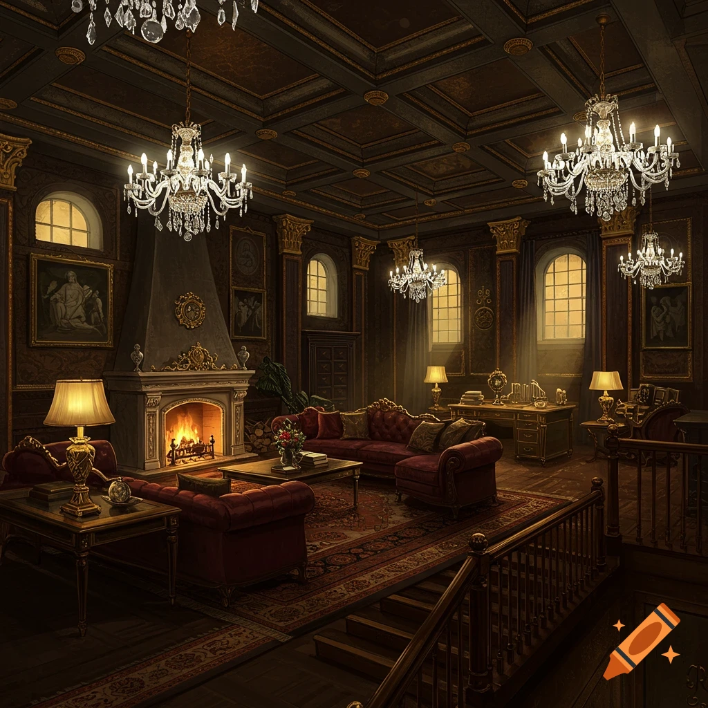 A lavish interior room with red sofas, chandeliers, and a fireplace.
