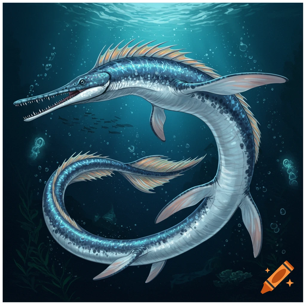 A blue and orange mythical sea creature with a long body and fins, swimming underwater.