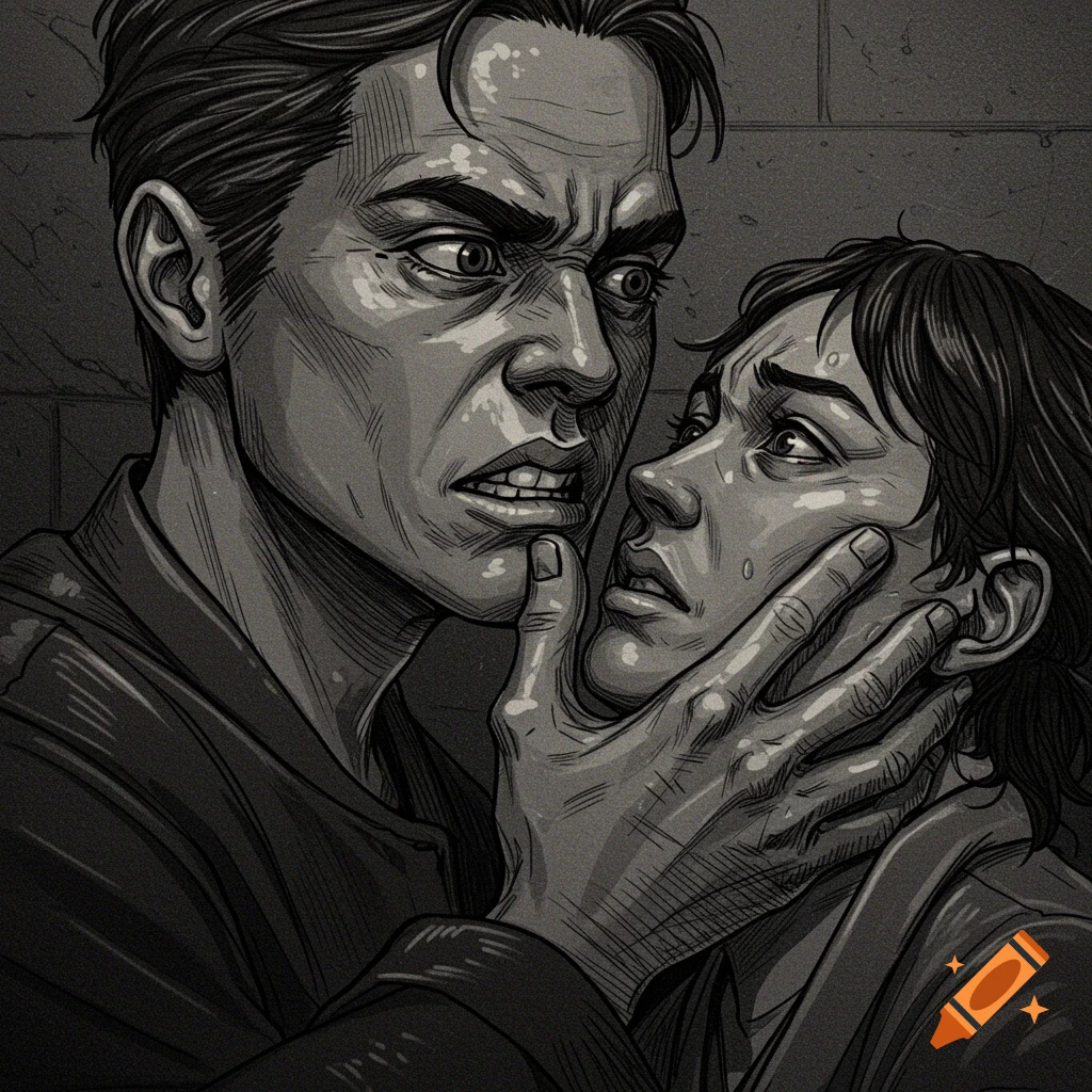 Dramatic drawing of a man gripping a woman's face, showing tension