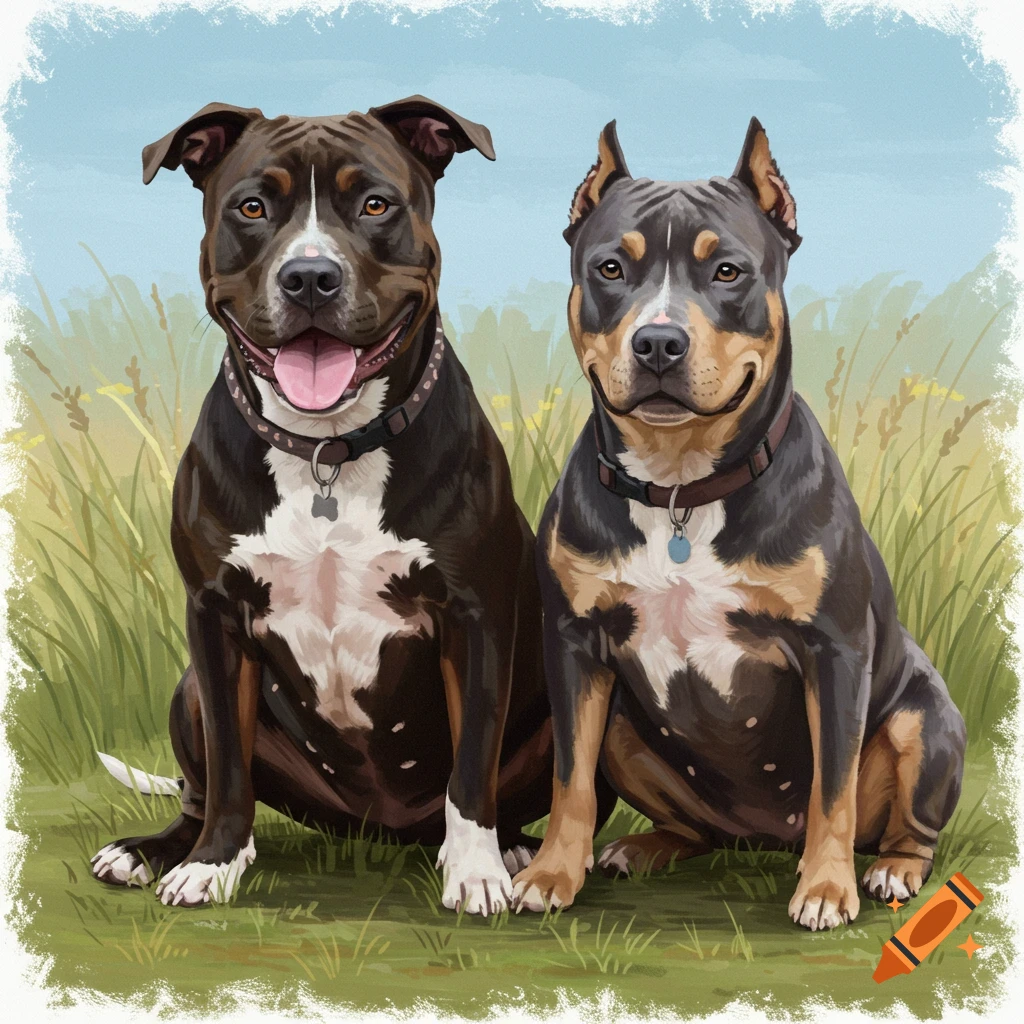 Two pit bulls, one dark brindle with floppy ears and one blue fawn with cropped ears, sitting in a grassy field.