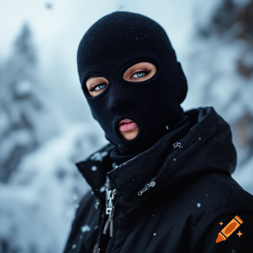 Close-up portrait of a person in a black ski mask and jacket in a snowy environment.