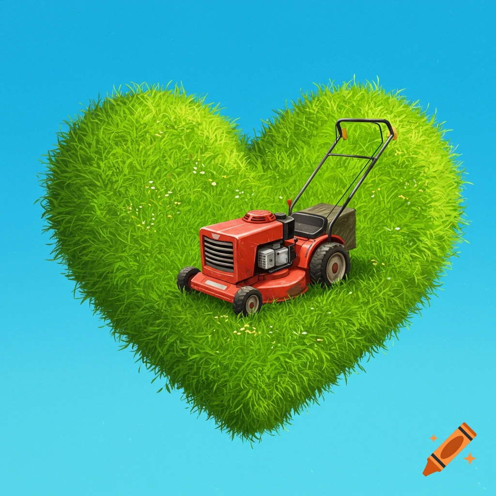 A red lawnmower sits on a heart-shaped grass mound under a blue sky.