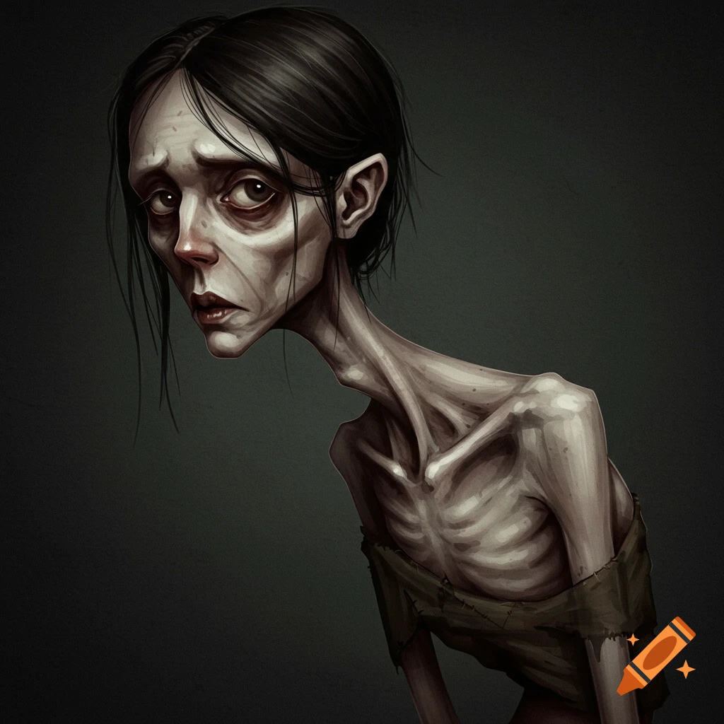 A gaunt, emaciated woman with dark hair looking sad