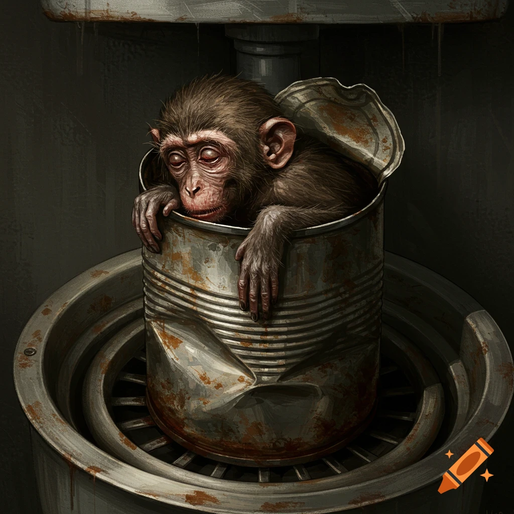 Sick monkey huddled in a rusty tin can in a garbage disposal.