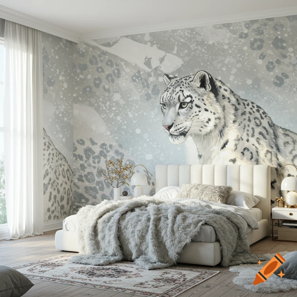 A bedroom featuring a large snow leopard mural on the wall.