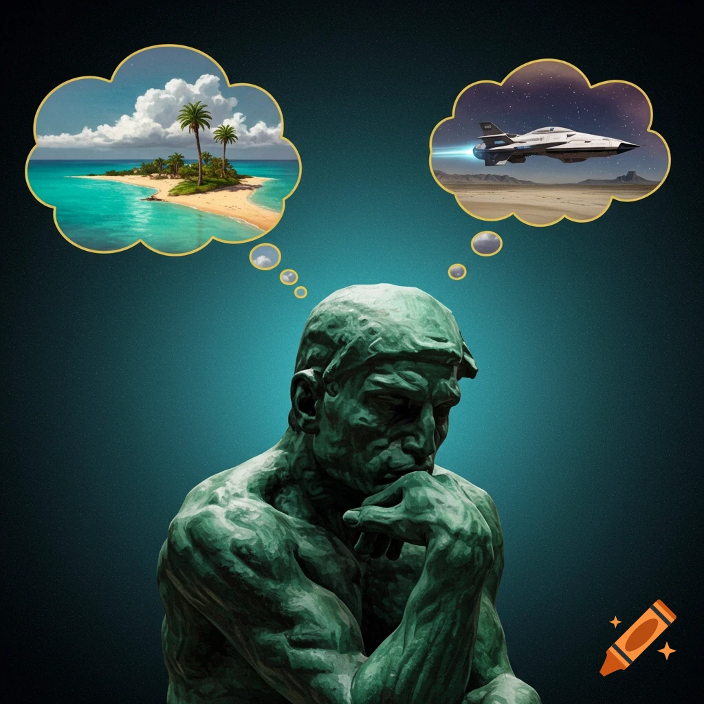 Sculpture resembling The Thinker, with thought bubbles showing a tropical island and a spaceship.