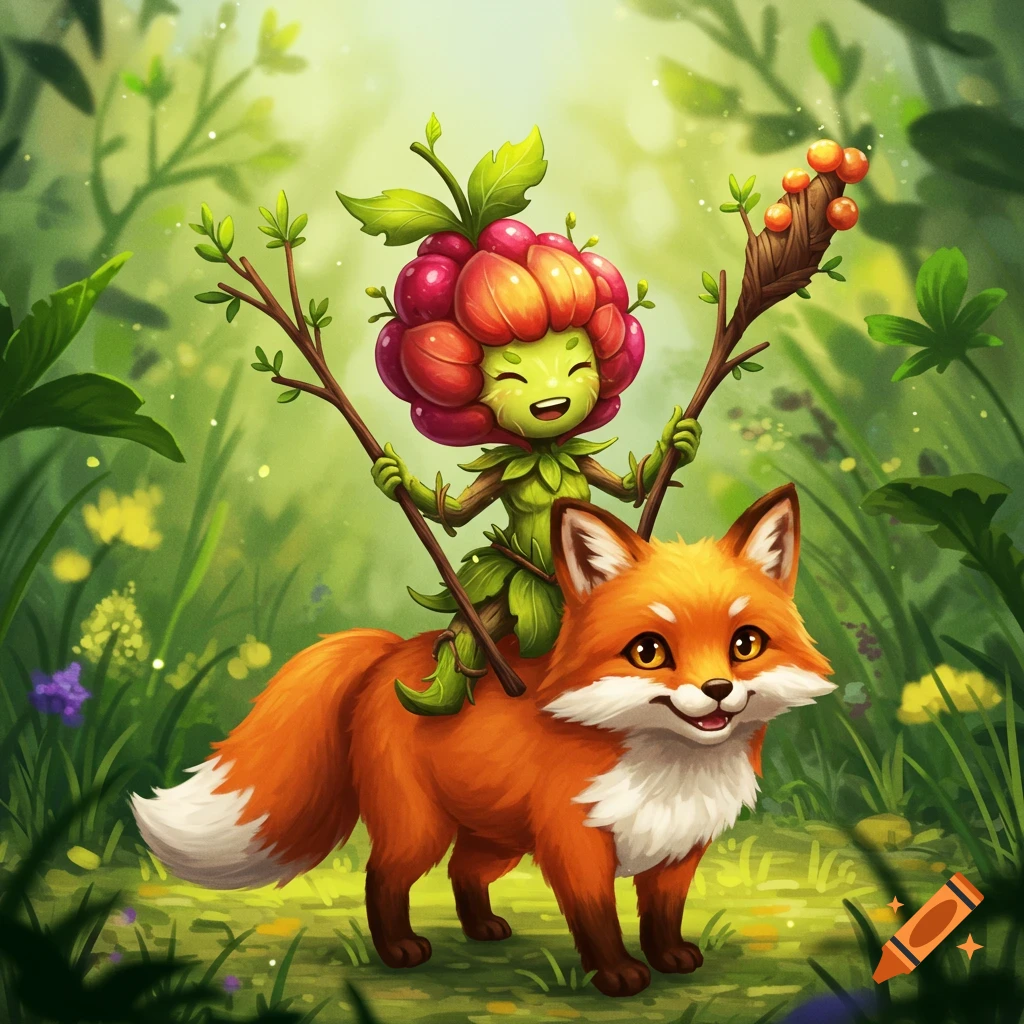 A cute plant creature with a berry head riding a fox through a forest.