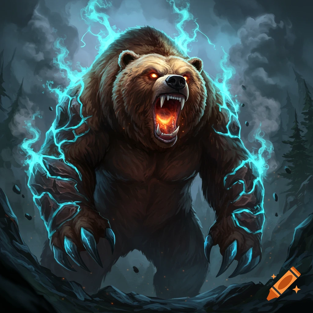 A roaring grizzly bear elemental monster with glowing eyes and crackling blue energy.