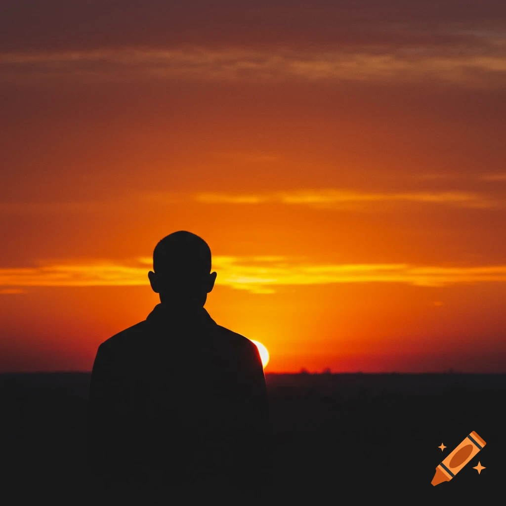 Silhouette of a person watching a bright orange sunset over a landscape.
