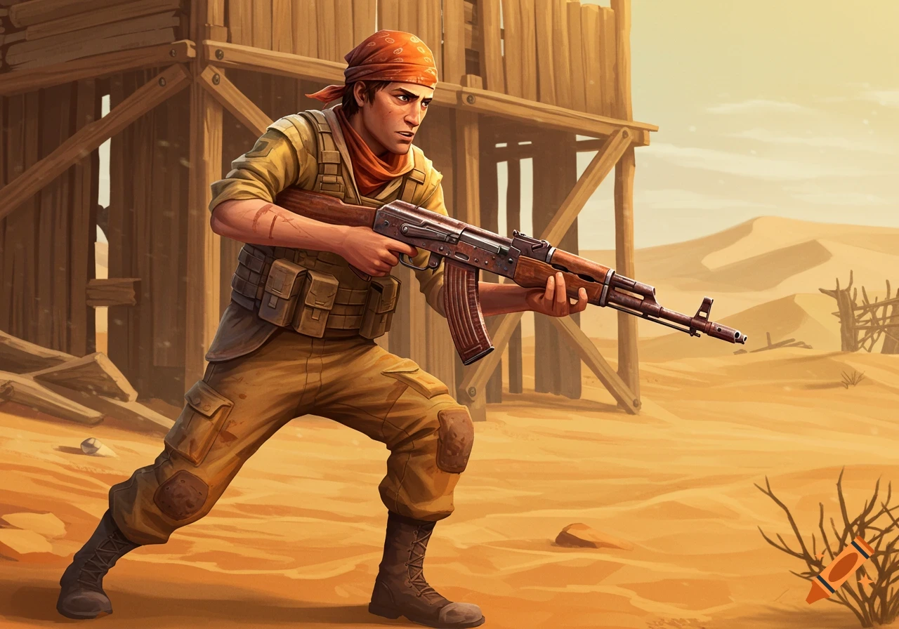 A soldier with a rifle in a desert base.