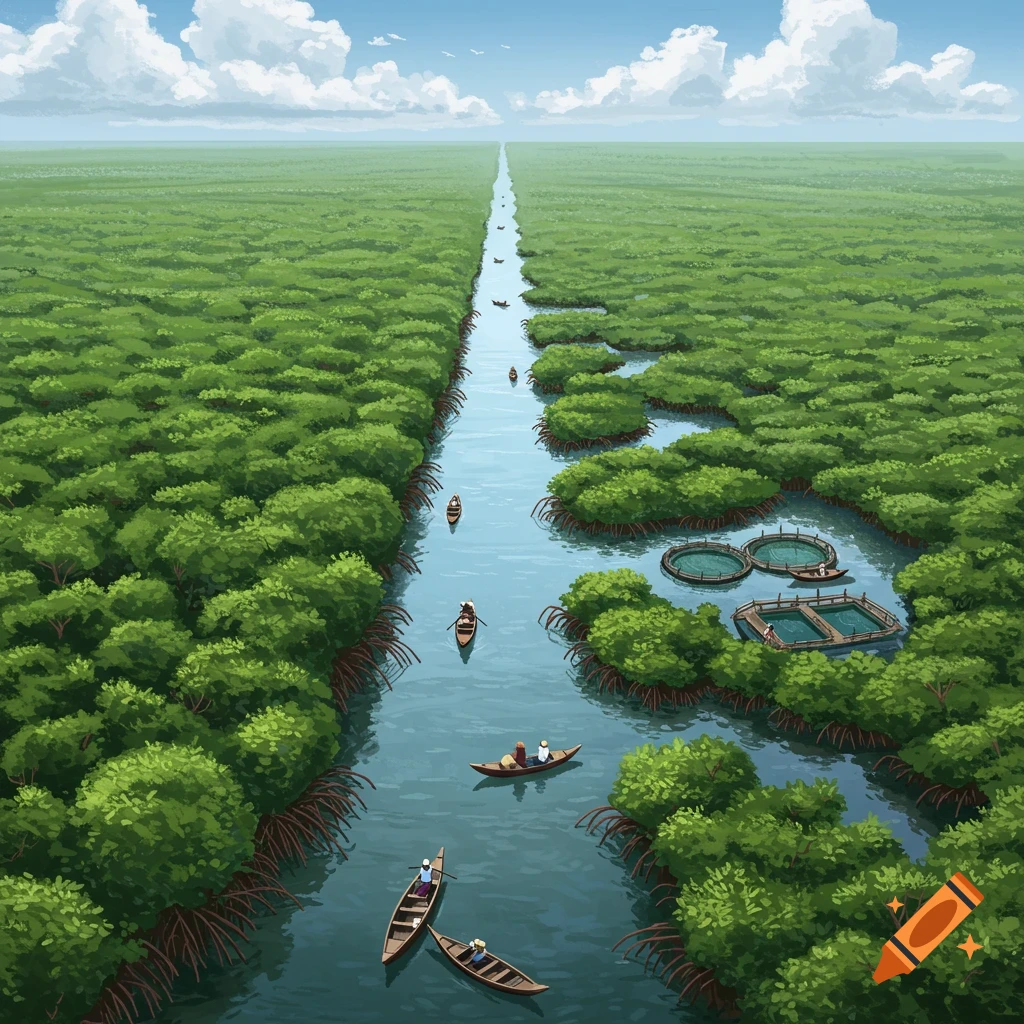 A river flows through a mangrove forest, dotted with boats and aquaculture structures.