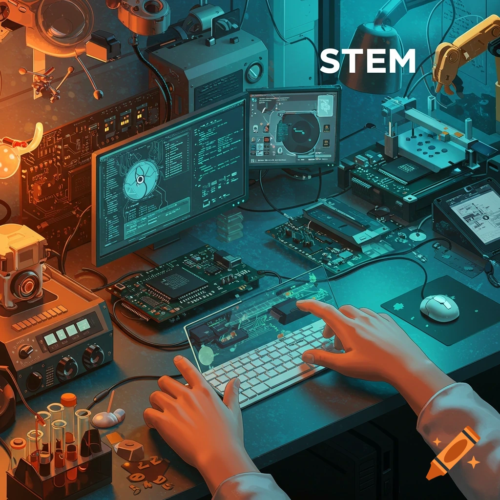 A high-tech STEM workspace with hands using a holographic keyboard, screens displaying data, circuits, and lab equipment.