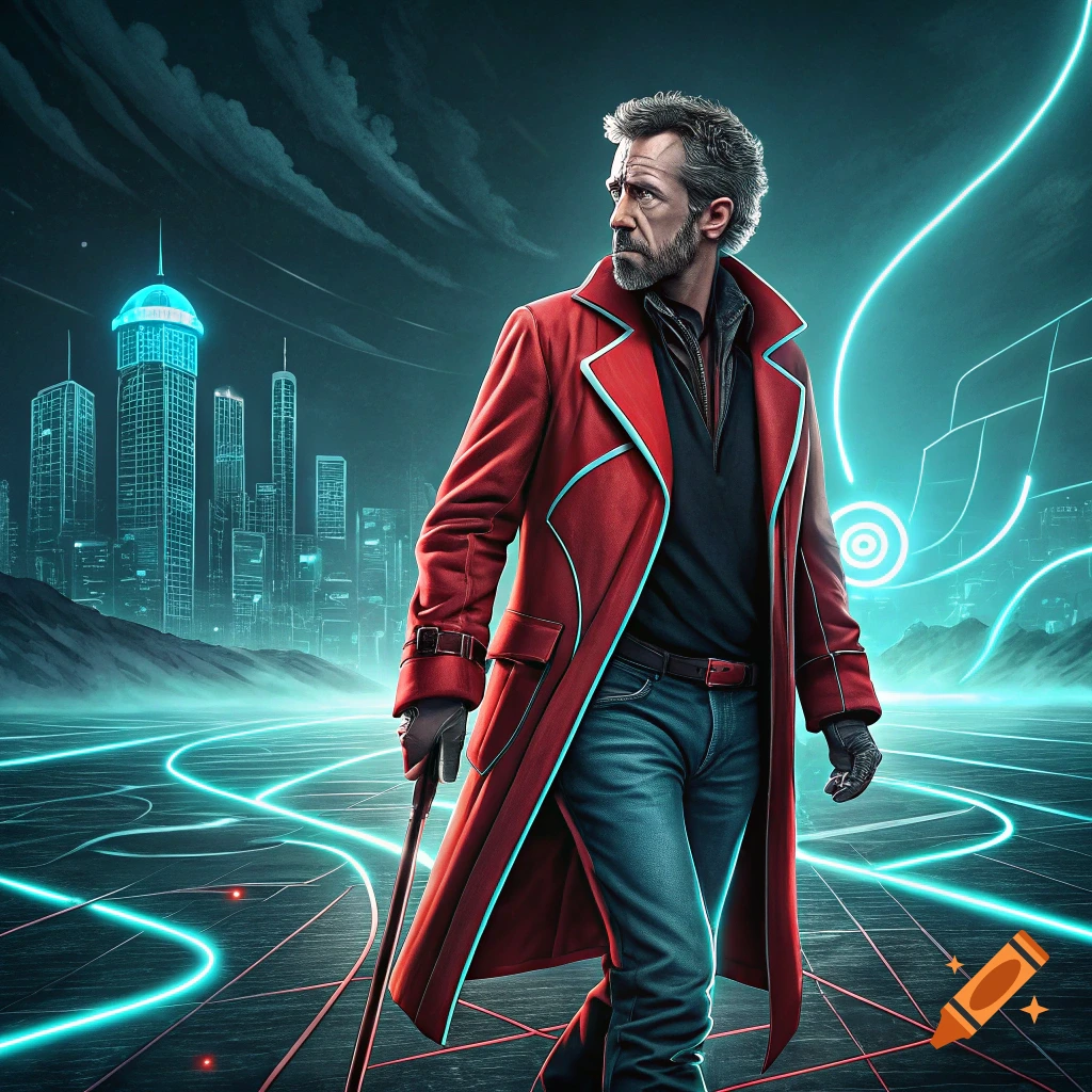 A man resembling Dr. House in a red coat walks with a cane through a neon-lit futuristic city.