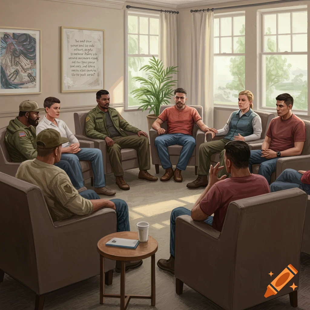 A group therapy session with veterans sitting in a circle in a room.
