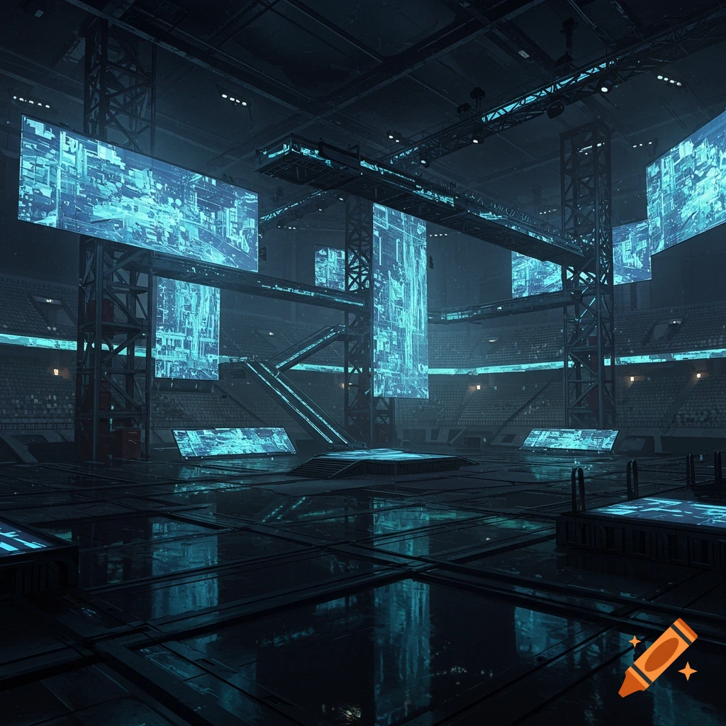 A large indoor futuristic arena with glowing blue screens