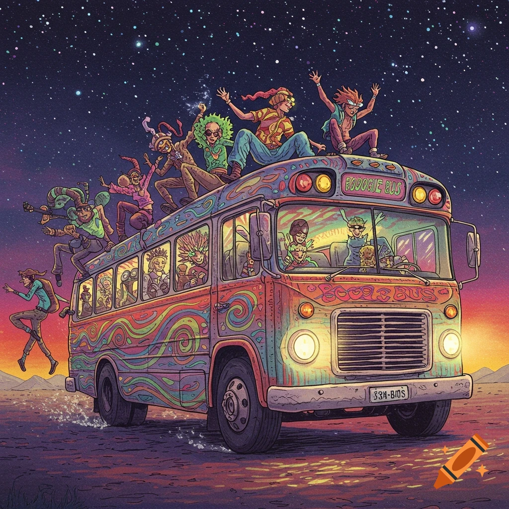 A colorful psychedelic bus with people on top and inside, driving under a starry sky.