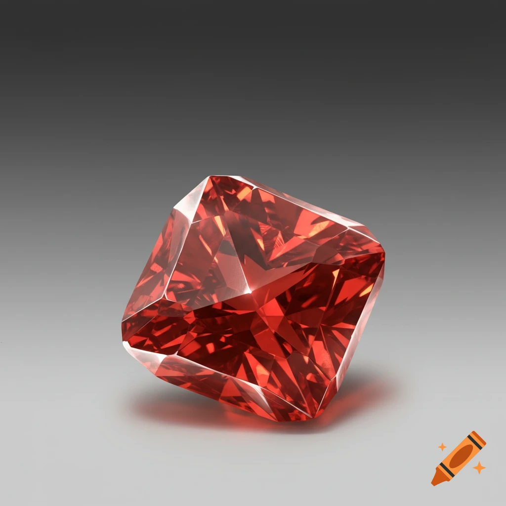 A vibrant red, square-cut gemstone sits on a grey background.