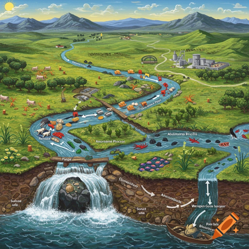 River landscape with symbols illustrating transport of matter downstream, including labels and a waterfall.