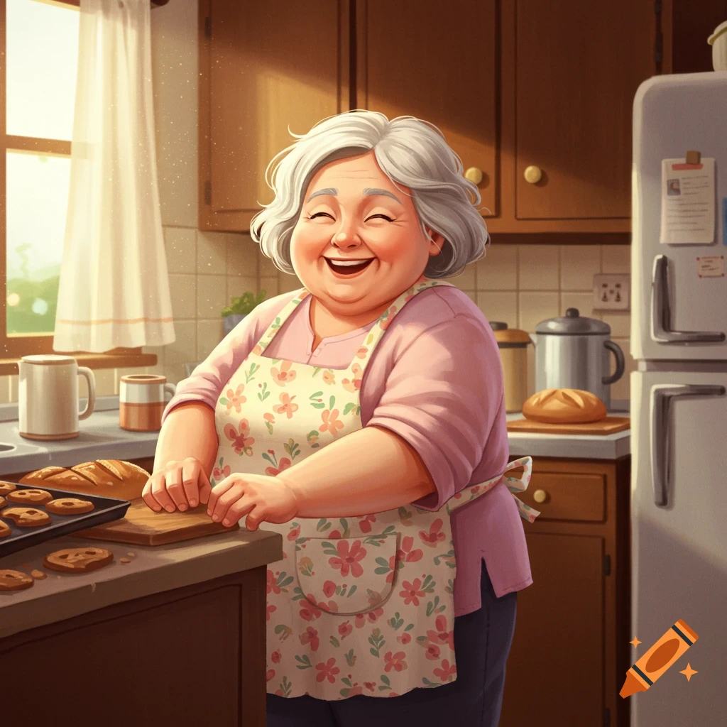 Happy elderly woman in kitchen baking cookies, digital art style.