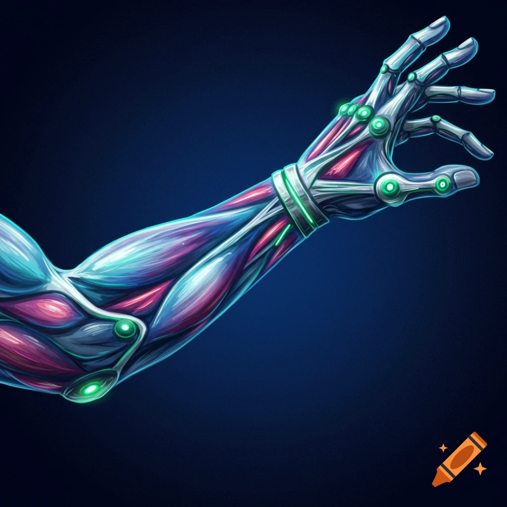 A biomechanical arm is shown, revealing intricate details of muscles and metallic components. The arm is highlighted with striking, glowing green accents.