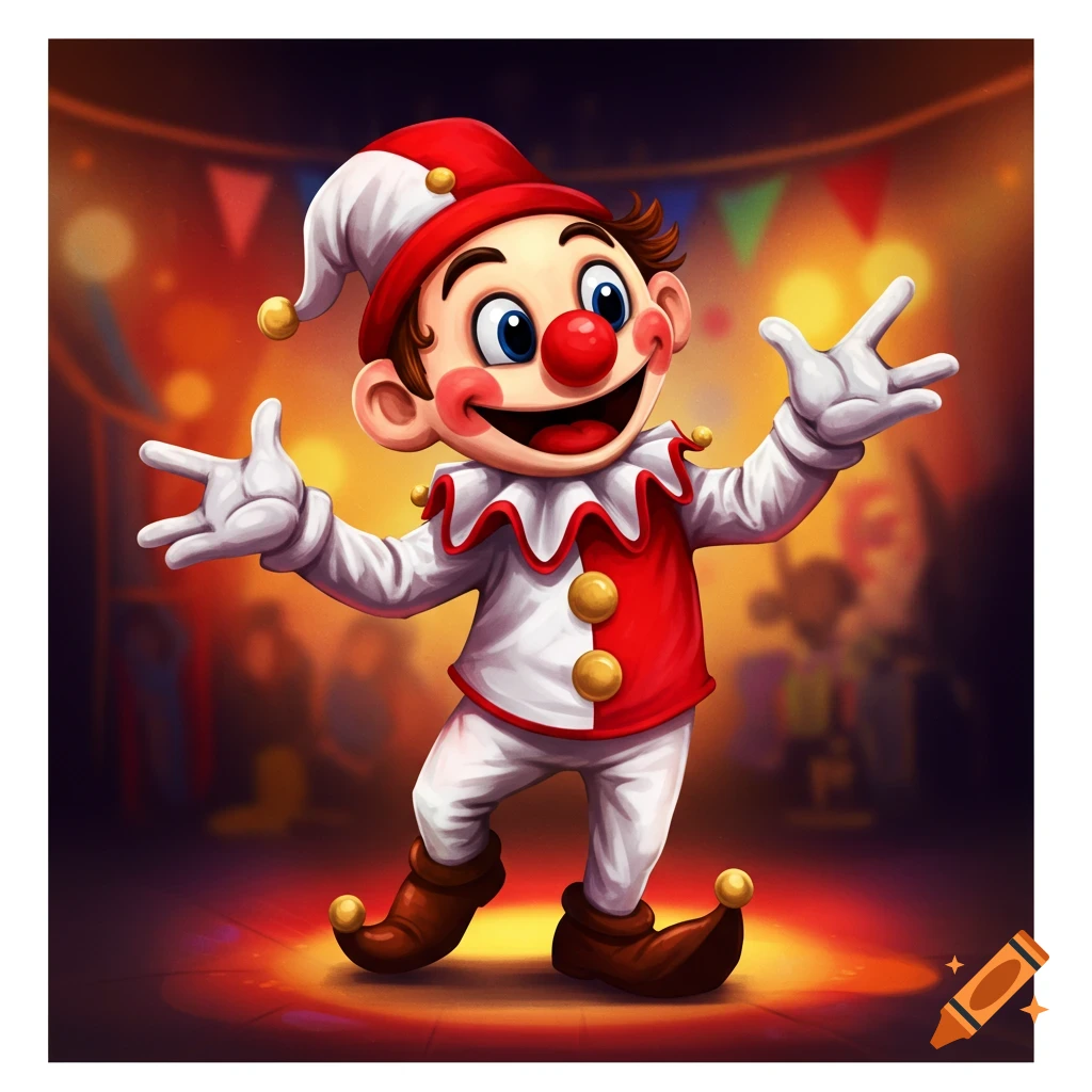 A cartoon clown character standing on a stage under lights.