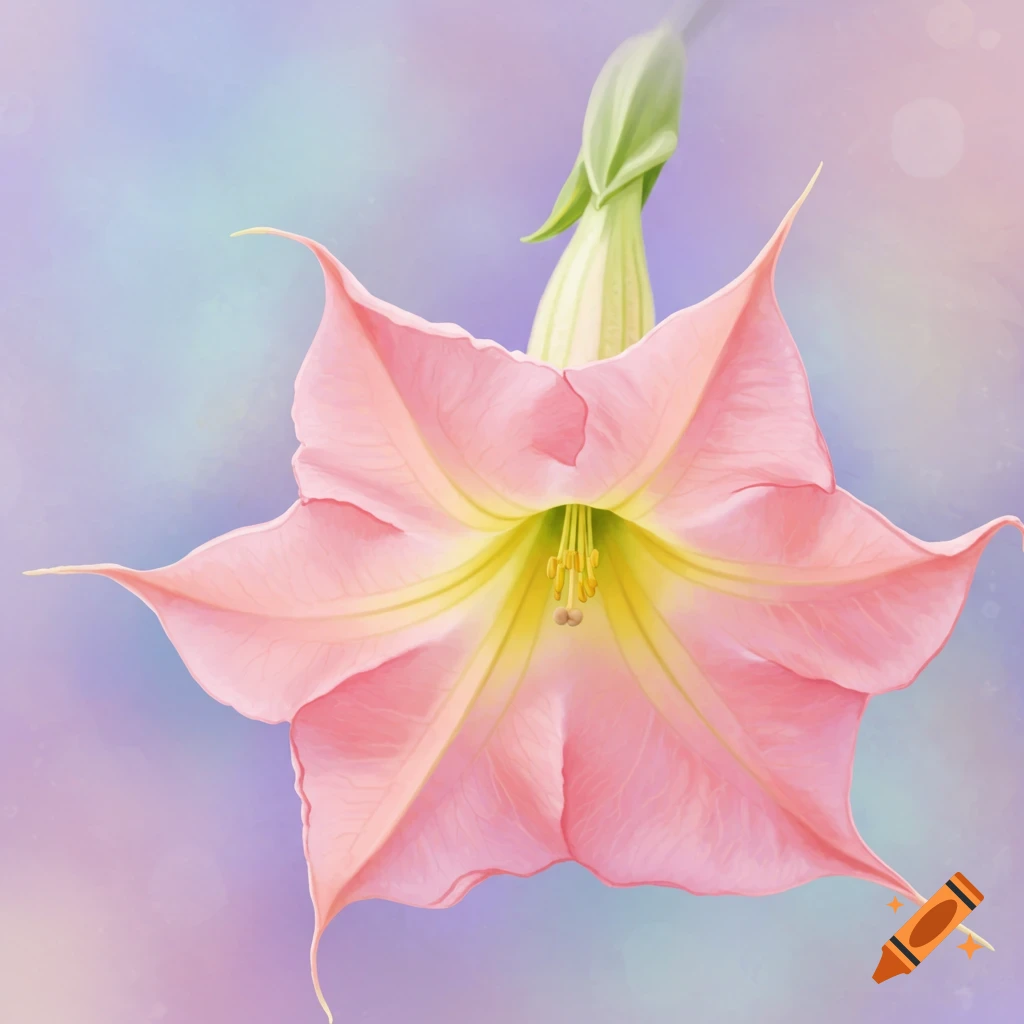 A pink Brugmansia flower against a soft pastel background.