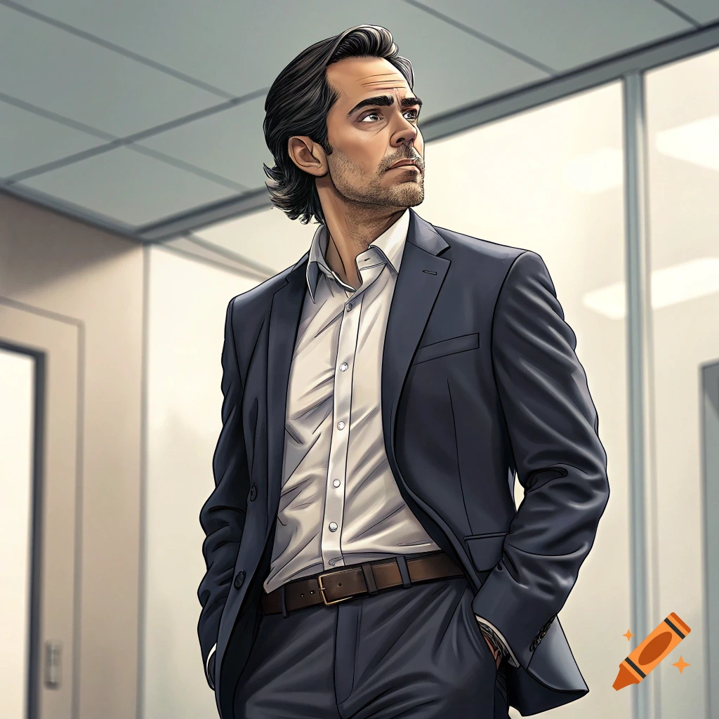 Digital illustration of a man in a suit standing in an office, looking away.
