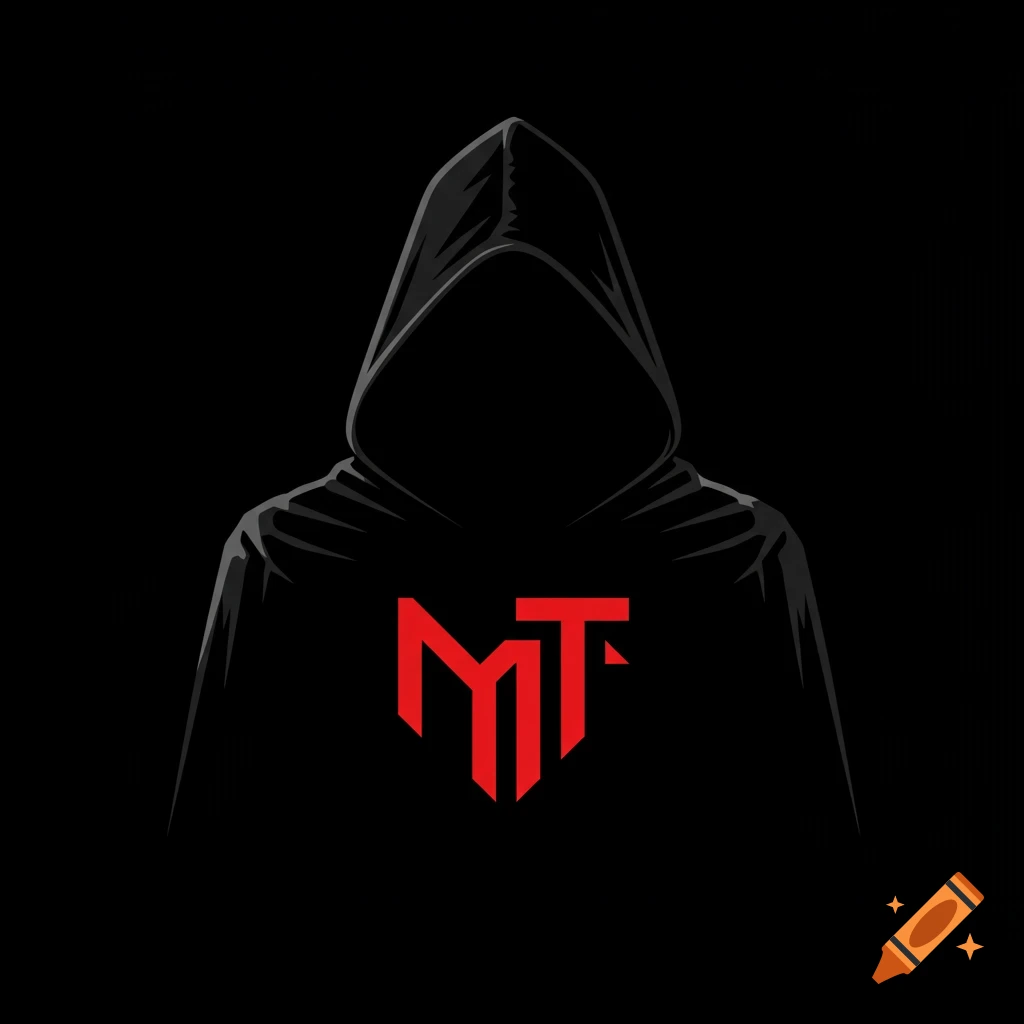 Minimalist vector logo of a hooded figure with a red MT symbol.