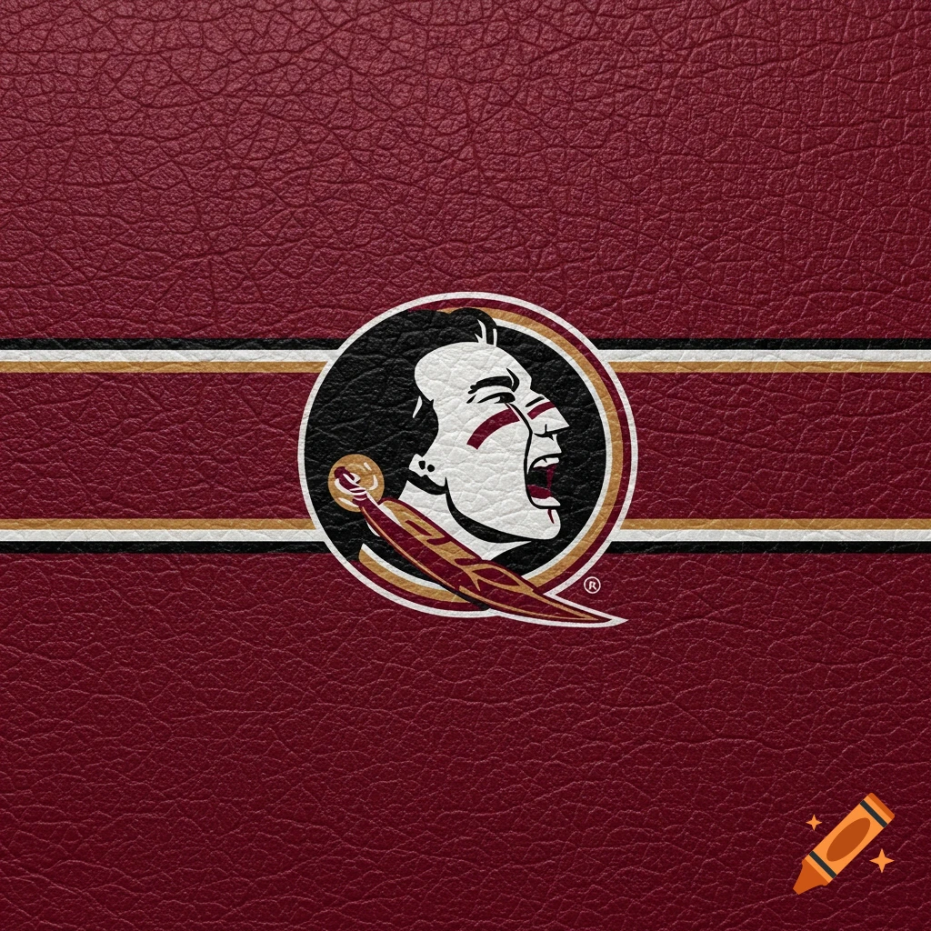 Florida State Seminoles logo on a red leather texture background with gold and black stripes.