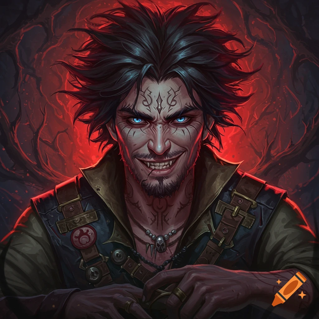 A man with sharp teeth, glowing blue eyes, tattoos, and dark clothing, with a red background.