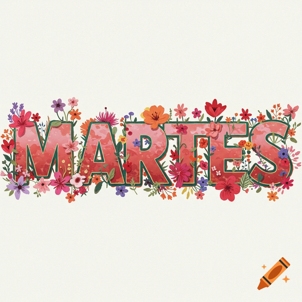 Floral text spelling MARTES surrounded by colorful flowers.