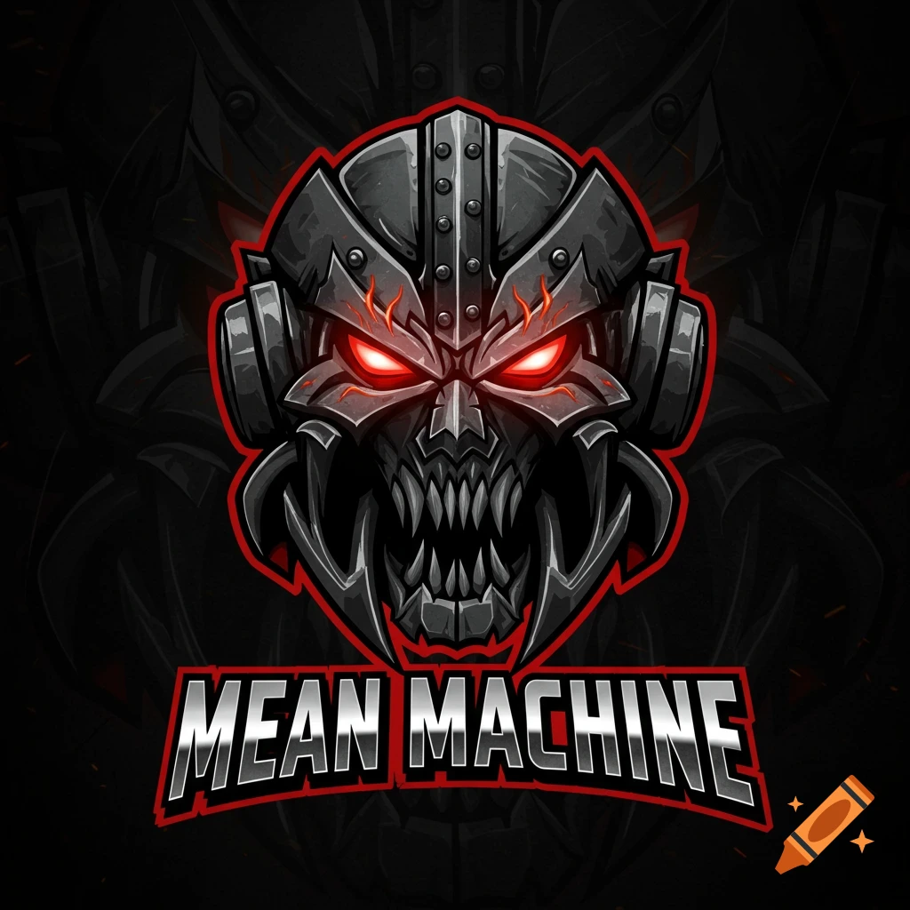 A stylized logo of a menacing metal skull wearing headphones with glowing red eyes above the text "MEAN MACHINE".