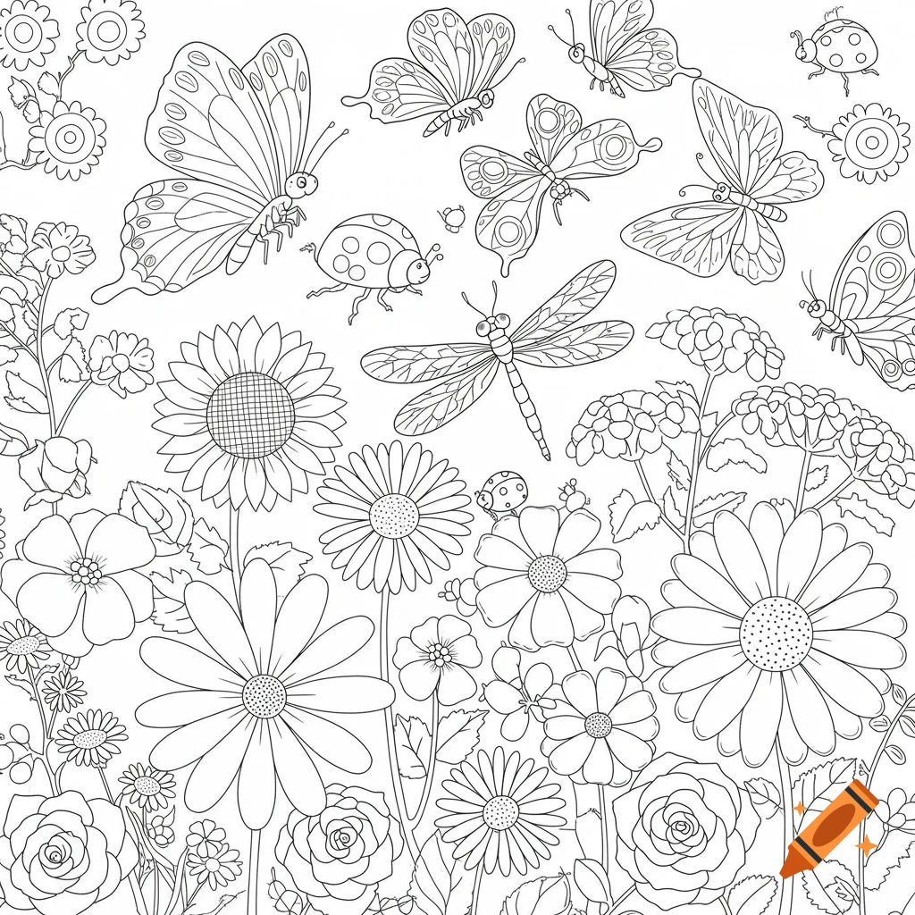 Black and white line drawing of butterflies, a dragonfly, ladybugs, and flowers in a garden for coloring.