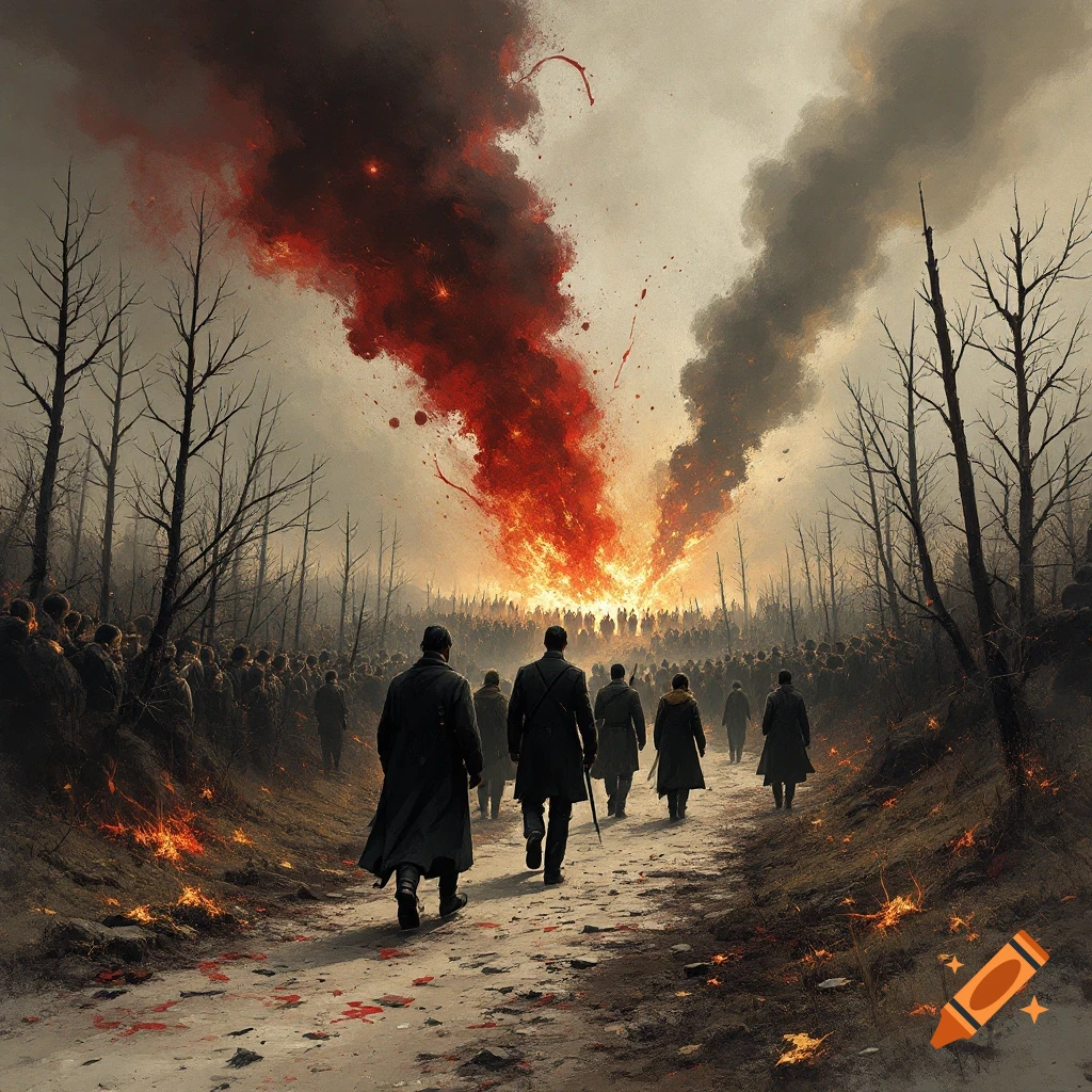Figures walk towards a crowd gathered before a massive fire under a smoky sky in a barren landscape.