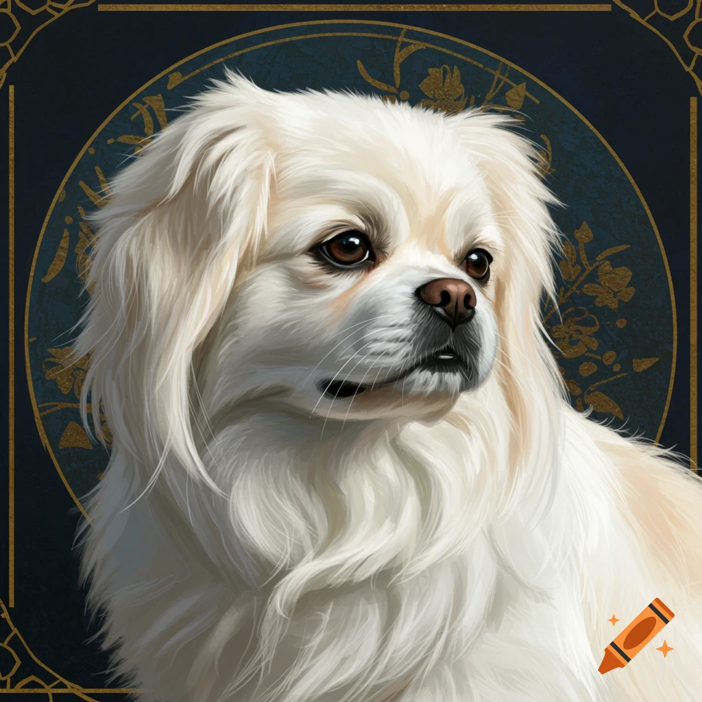 A white dog looking right against a dark blue background with golden patterns.