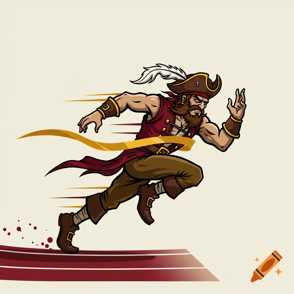 Illustration of a cartoon pirate mascot running with speed lines