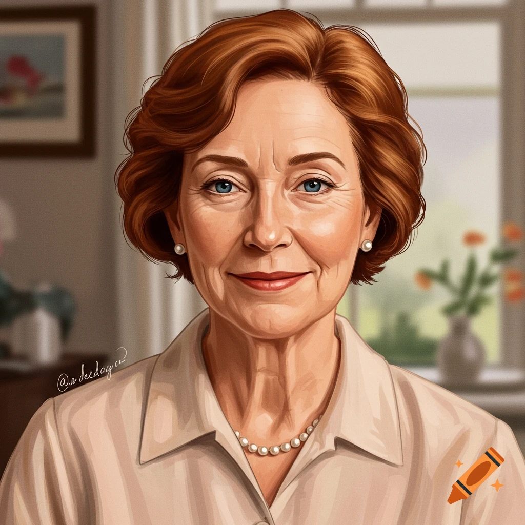 A woman with short red hair, blue eyes, and pearl jewelry