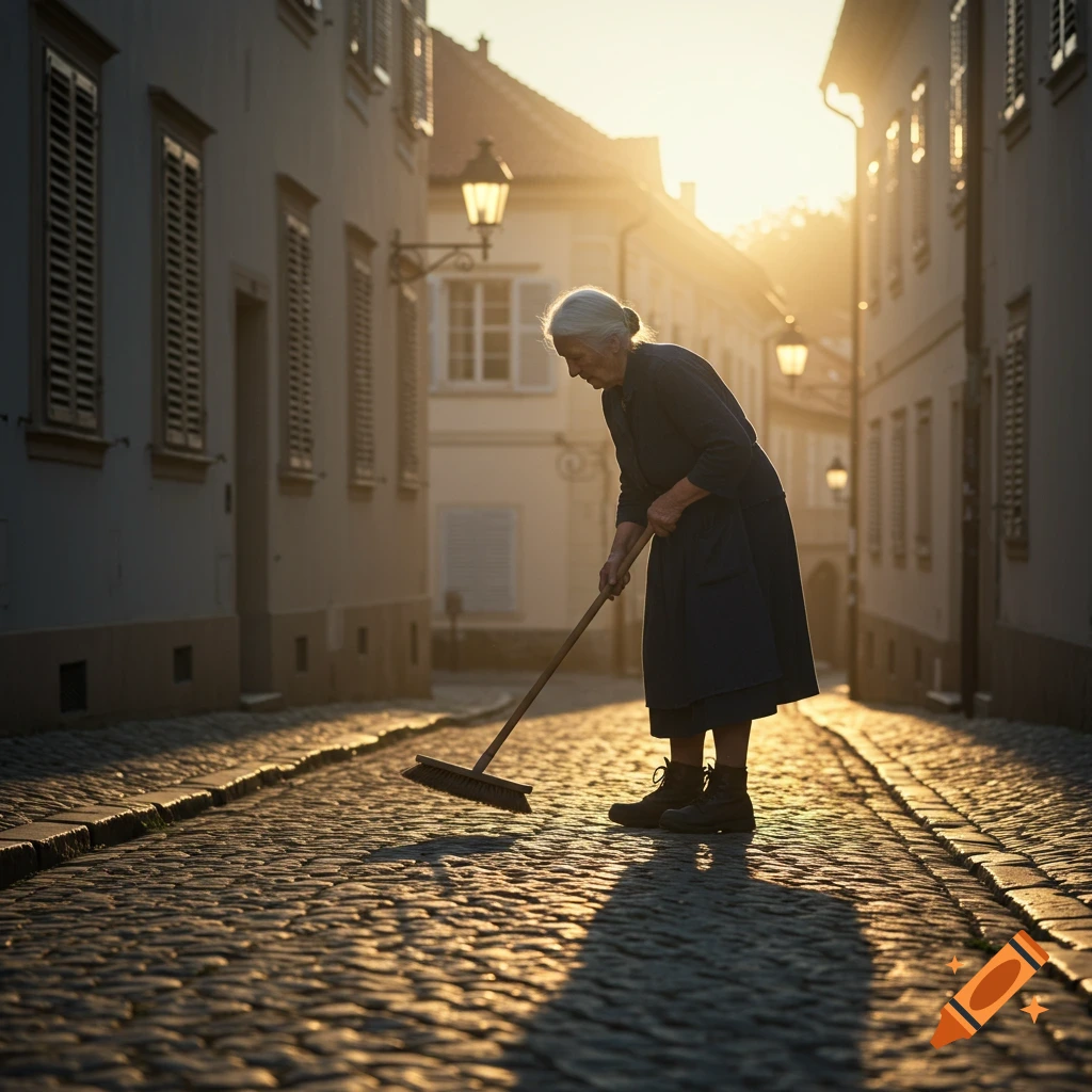 An elderly woman sweeps a cobblestone street during a golden hour sunrise, photorealistic.