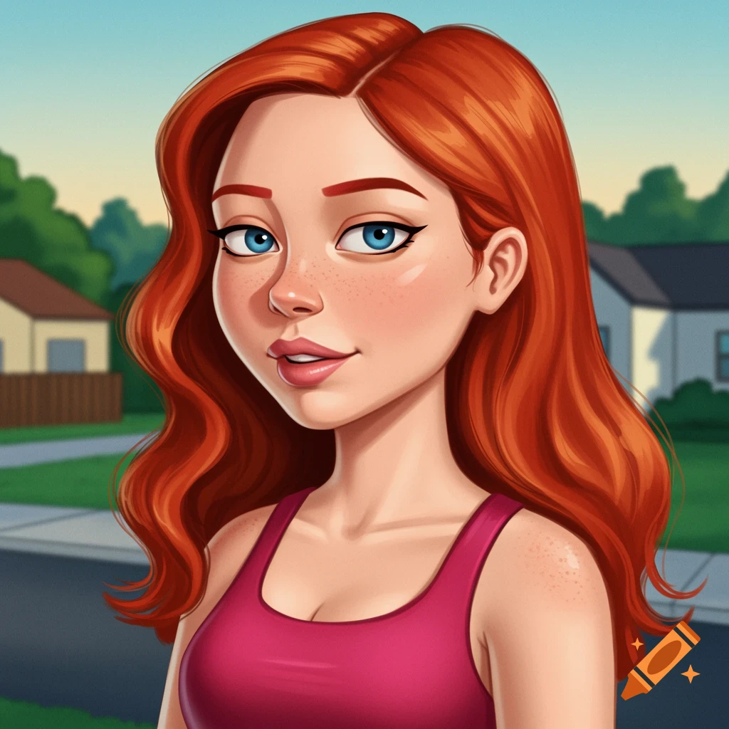 Stylized portrait of a young woman with red hair, blue eyes, and freckles, wearing a pink tank top, in a suburban setting.
