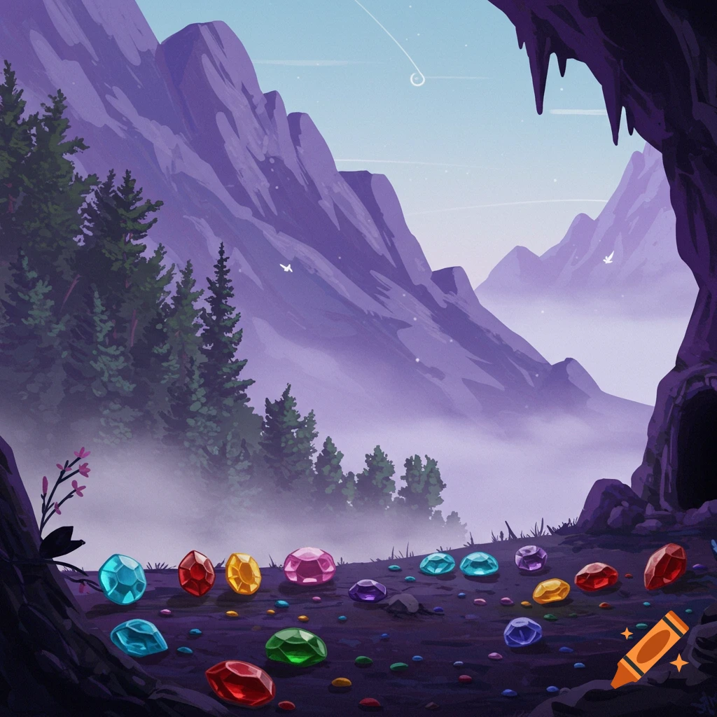 A cave entrance reveals a view of mountains, a misty forest, and colorful gems scattered on the ground.