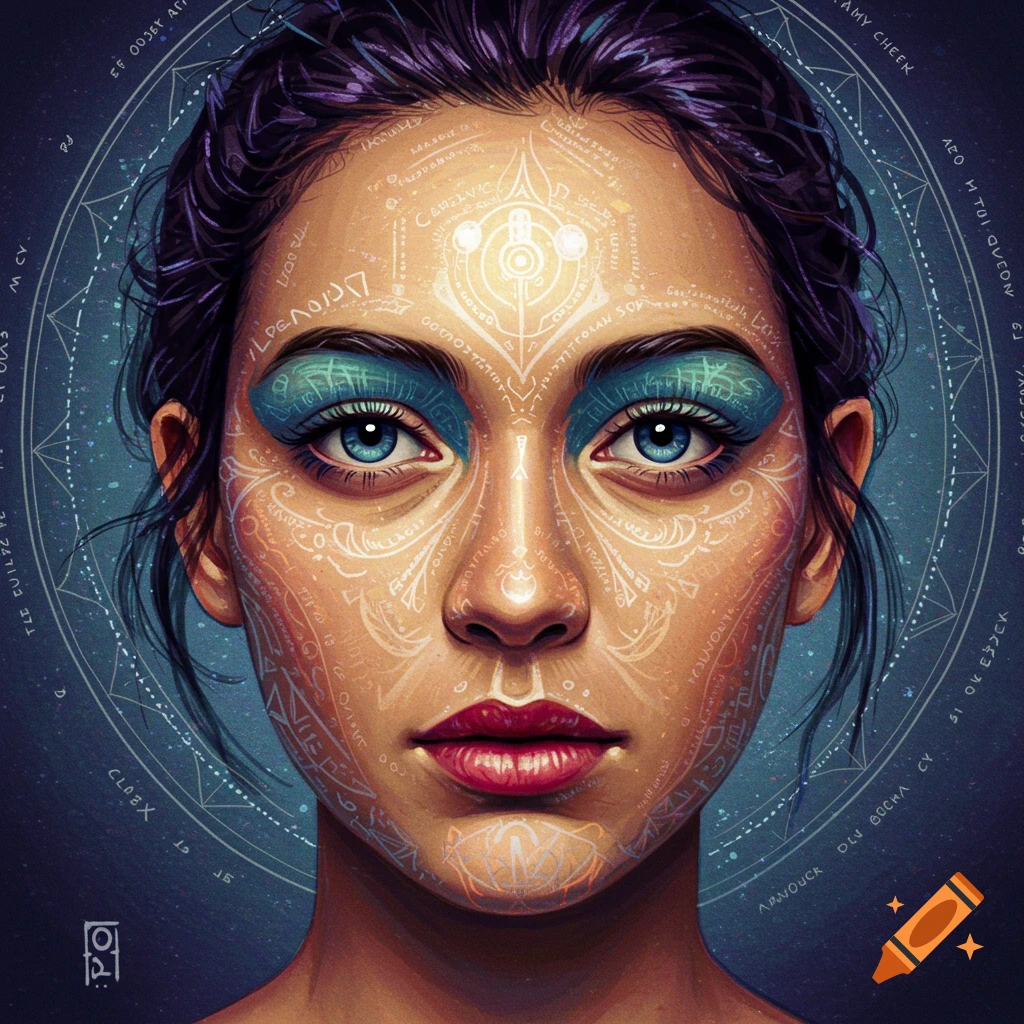 Portrait of a woman with bright blue eyes and red lipstick, covered in white and blue abstract patterns and symbols on her face, against a dark blue background with a geometric circle and symbols.