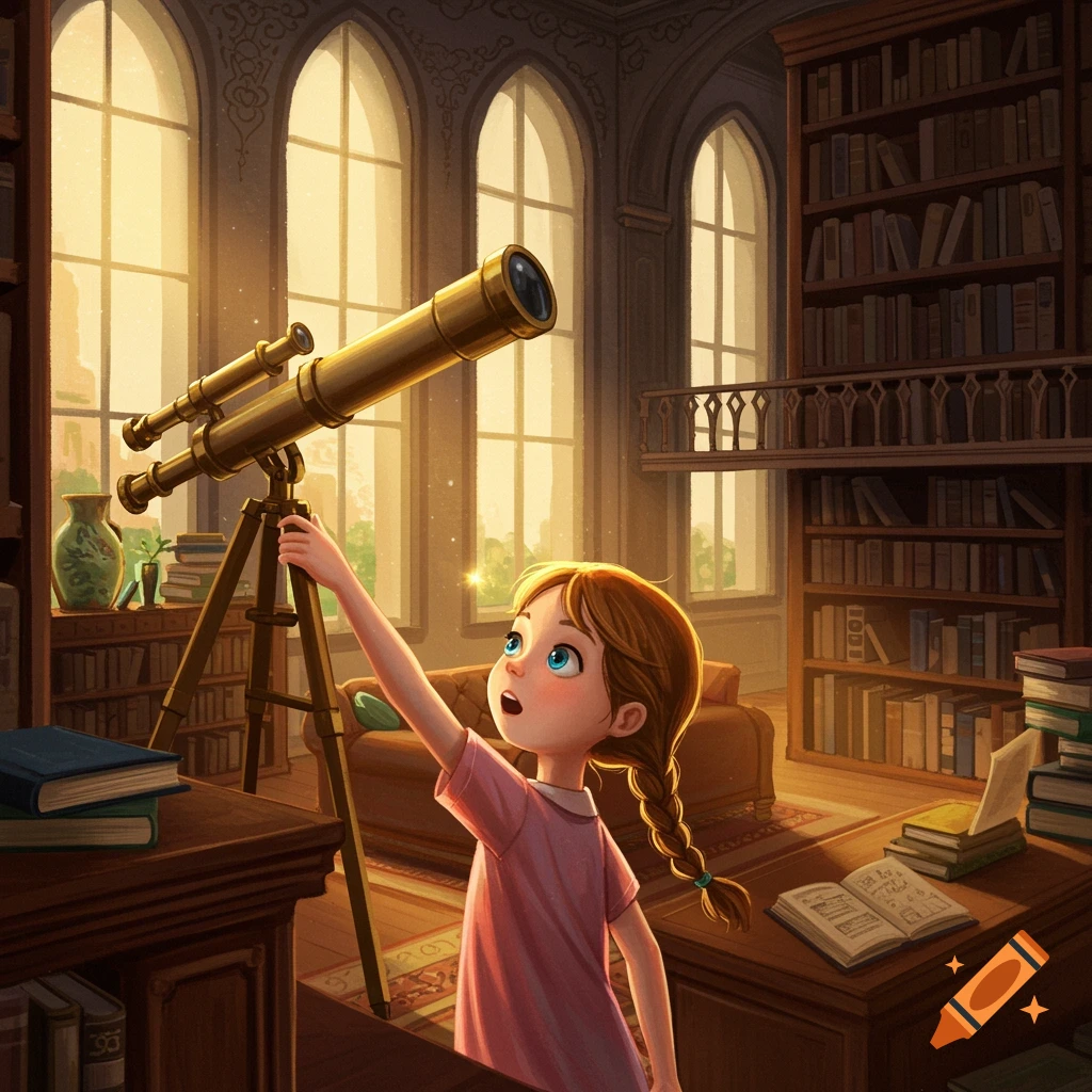 Young girl looks through an antique telescope in a grand library.