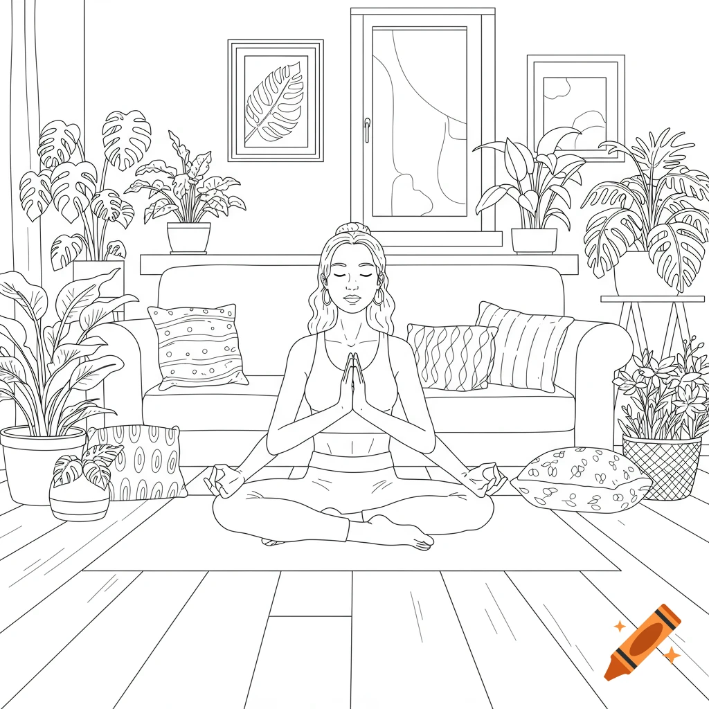 Line art drawing of a woman meditating in a living room with houseplants, for a coloring book.