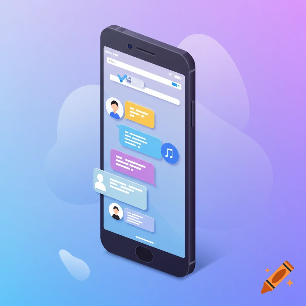 Isometric illustration of a smartphone showing a messaging app interface with chat bubbles and user icons.