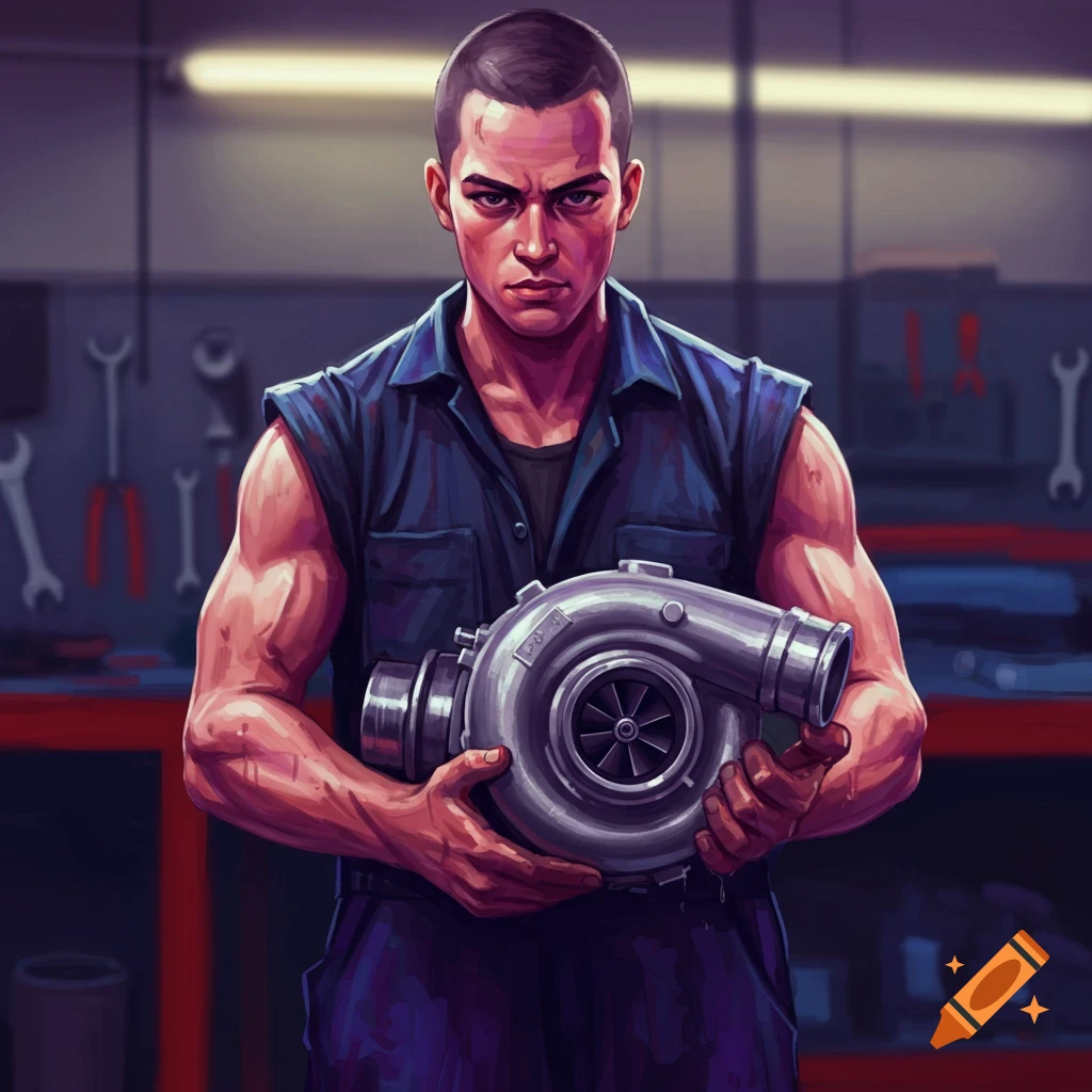 A man holding a turbo in a workshop.