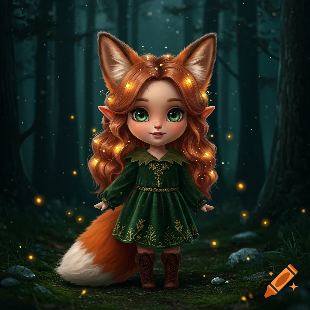 Cute fantasy fox girl with green eyes in a dark forest.