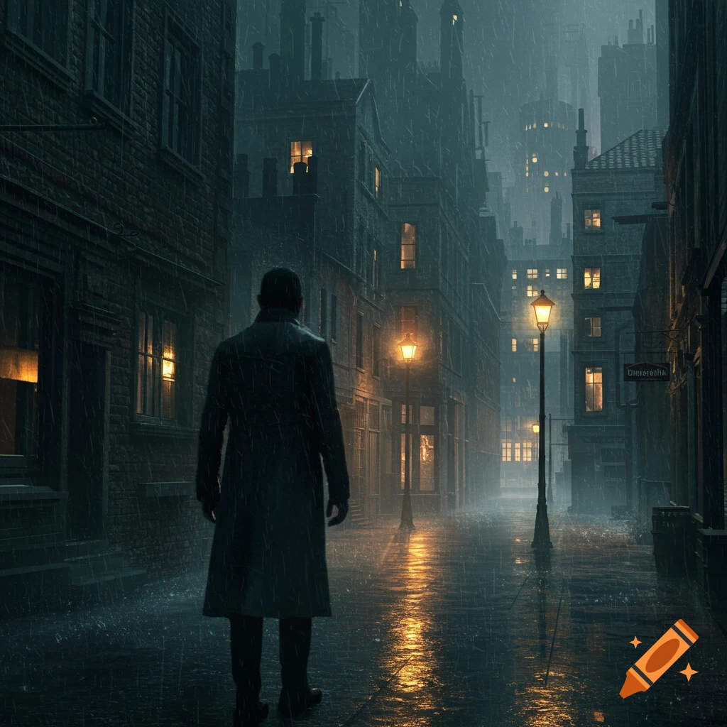 Shadowy figure in a trench coat walks down a rainy city street at night.