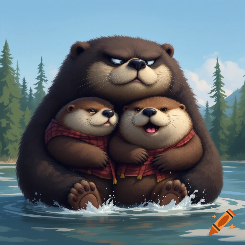 A large cartoon bear hugs two smaller cartoon otters wearing scarves while sitting in water.