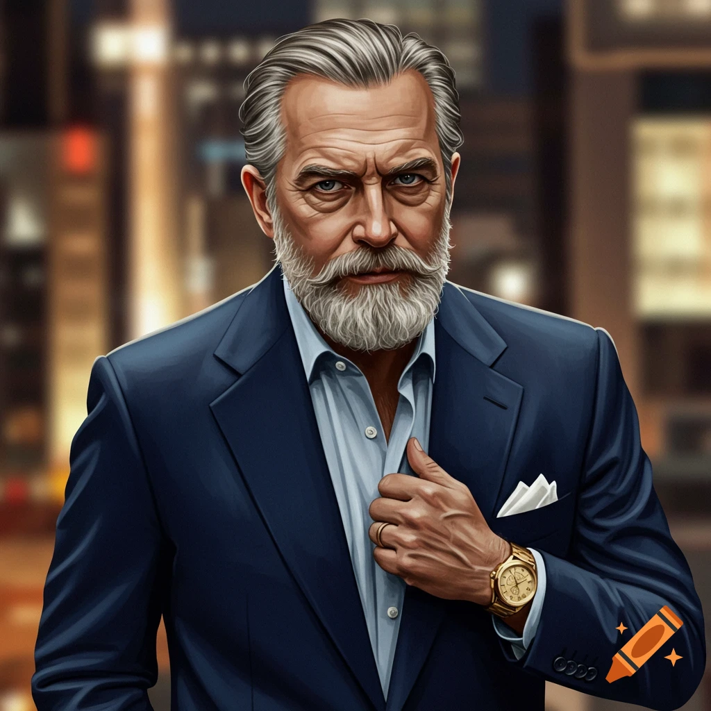 An older man in a suit, beard, gray hair, and watch, against a city background.